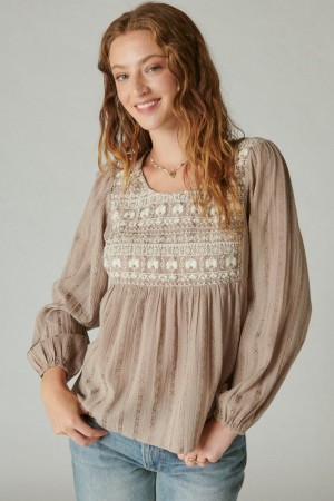 Lucky Brand Beaded Embroidered Peasant Women's Top Silver | South Africa-MPB015892