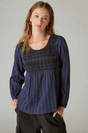 Lucky Brand Beaded Embroidered Peasant Women's Top Navy | South Africa-OIB689503