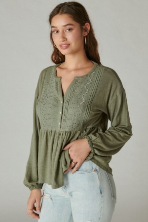 Lucky Brand Beaded Embroidered Pintuck Peplum Women's Top Green | South Africa-TMB147329