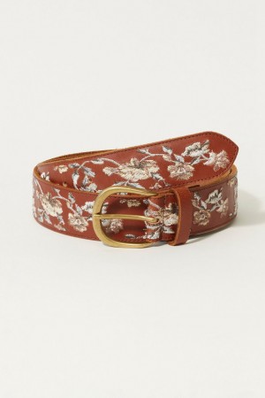 Lucky Brand Border Cream Floral Emb Women's Belts Dark Brown | South Africa-KIH103842