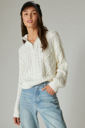 Lucky Brand Cable Zip Mock Neck Women's Sweater White | South Africa-IAT269451