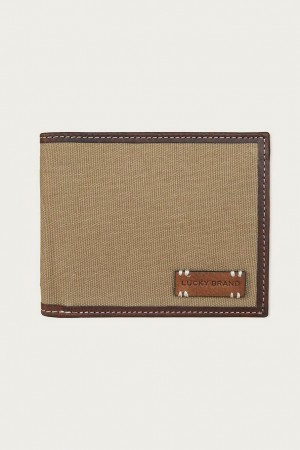 Lucky Brand Canvas With Leather Trim Bifold Men's Wallet Khaki | South Africa-OUB130954