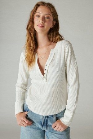 Lucky Brand Chunky Cropped Raw Edge Henley Women's Shirts White | South Africa-KAQ634518