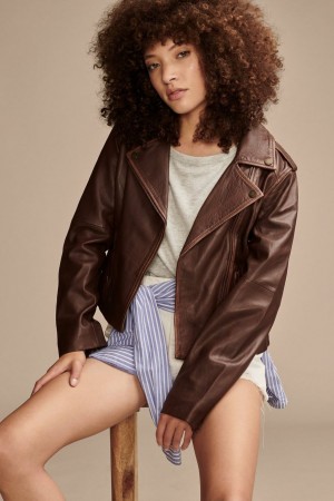 Lucky Brand Classic Leather Moto Women's Jacket Brown | South Africa-DWP973268