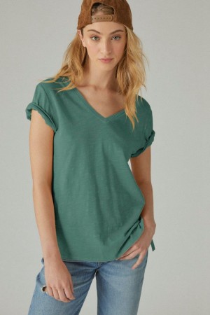 Lucky Brand Classic V-neck Women's T-Shirts Deep Green | South Africa-UDN074235