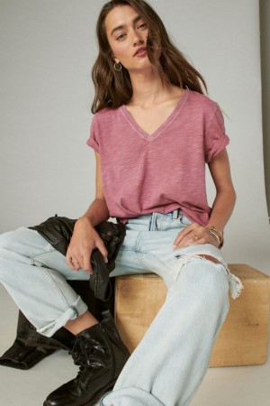 Lucky Brand Classic V-neck Women's T-Shirts Rose | South Africa-HOP416059