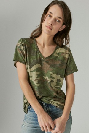 Lucky Brand Classic V-neck Women's T-Shirts Green Camo | South Africa-OGV304617