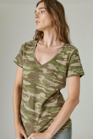 Lucky Brand Classic V-neck Women's T-Shirts Green Camo | South Africa-GAF930458