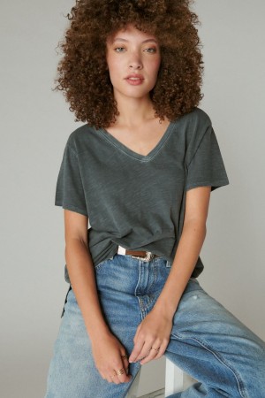 Lucky Brand Classic V-neck Women's T-Shirts Grey | South Africa-GPJ574632