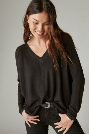 Lucky Brand Cloud Jersey Deep V Ruched Women's Top Black | South Africa-HXZ864120