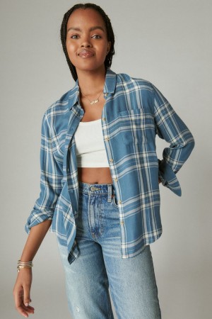 Lucky Brand Cloud Plaid Boyfriend Flannel Women's Shirts Turquoise | South Africa-DIR791864