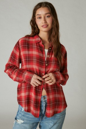 Lucky Brand Cloud Plaid Boyfriend Flannel Women's Shirts Burgundy | South Africa-RYJ125890