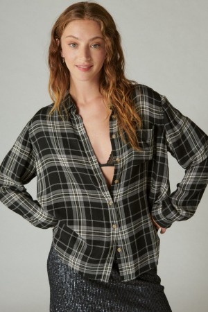 Lucky Brand Cloud Plaid Boyfriend Flannel Women's Shirts Black | South Africa-EBZ958672