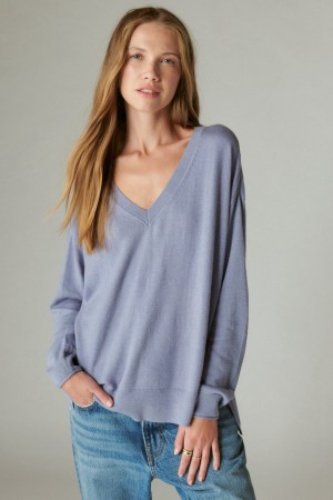 Lucky Brand Cloud Soft V Neck Women's Sweater Blue | South Africa-FRI381402