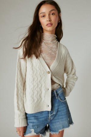 Lucky Brand Cozy Cable Stitch Women's Cardigan Cream | South Africa-ECL075183