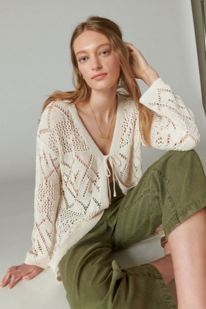 Lucky Brand Crochet Tie Front 3/4 Sleeve Women's Cardigan Cream | South Africa-MDL706591