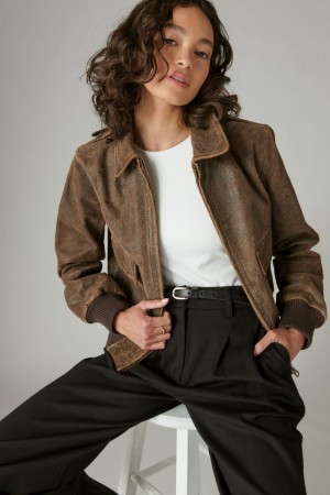 Lucky Brand Distressed Cropped Leather Bomber Women's Jacket Brown | South Africa-AZM534817