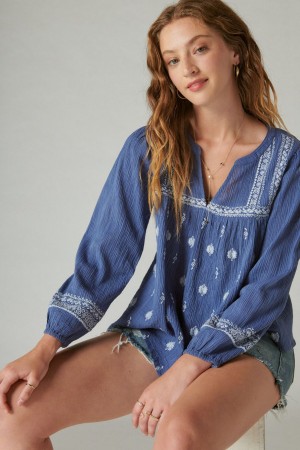 Lucky Brand Embroidered Popover Women's Blouse Blue Stripes | South Africa-LZN579421