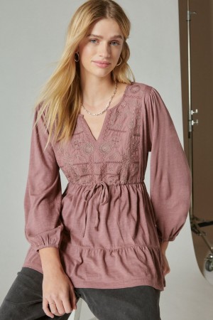 Lucky Brand Embroidered Tiered Tunic Women's Top Dark Red | South Africa-HFX927186