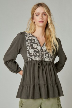 Lucky Brand Embroidered Tiered Tunic Women's Top Dark Grey | South Africa-BVI251697