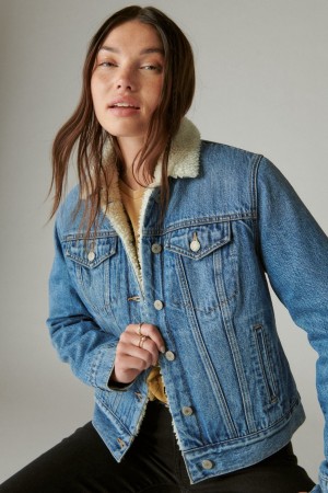 Lucky Brand Faux Shearling Lined Denim Trucker Women's Jacket Blue | South Africa-XLF035712