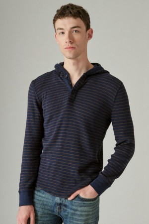 Lucky Brand Garment Dye Thermal Hoodley Men's Shirts Navy / Brown | South Africa-MGQ367184