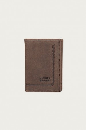 Lucky Brand Grooved Leather Trifold Men's Wallet Dark Brown | South Africa-IEA680543