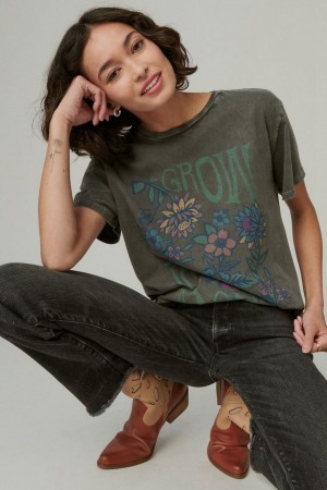 Lucky Brand Grow As One Floral Boyfreind Crew Women's T-Shirts Dark Grey | South Africa-JIC213049