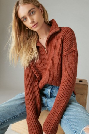 Lucky Brand Half Zip Pullover Women's Sweater Red Brown | South Africa-UPW279084