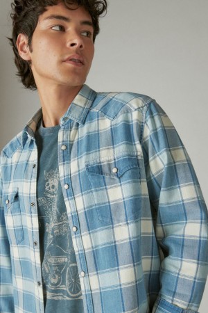 Lucky Brand Indigo Plaid Western Long Sleeve Men's Shirts Indigo | South Africa-BAY596824