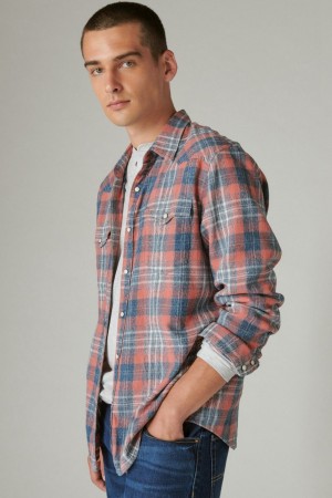 Lucky Brand Indigo Plaid Western Long Sleeve Men's Shirts Indigo | South Africa-HBC042986