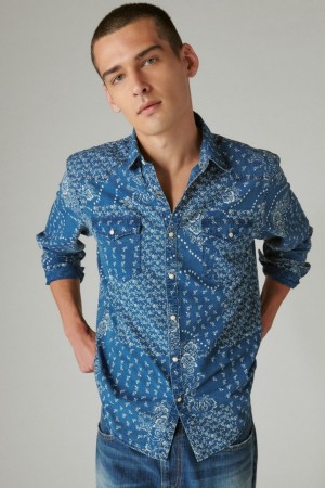 Lucky Brand Indigo Printed Western Long Sleeve Men's Shirts Indigo | South Africa-ECU214058