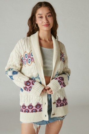 Lucky Brand Intarsia Shawl Collar Women's Cardigan Cream Multicolor | South Africa-RPZ246703