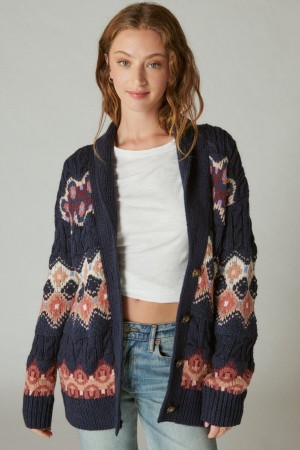 Lucky Brand Intarsia Shawl Collar Women's Cardigan Navy Multicolor | South Africa-BLJ485130