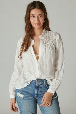 Lucky Brand Lace Trim Button Down Women's Shirts White | South Africa-LHA520864