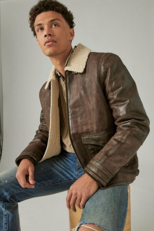 Lucky Brand Leather Aviator With Faux Shearling Collar Men's Jacket Dark Brown | South Africa-KNW623807