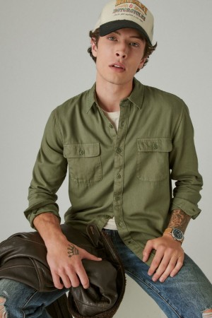 Lucky Brand Lived-in Long Sleeve Utility Men's Shirts Deep Green | South Africa-BRY918036