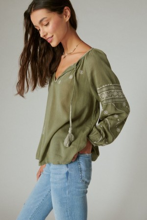 Lucky Brand Mixed Media Peasant Women's Top Olive | South Africa-VCS385691