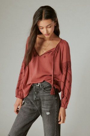 Lucky Brand Mixed Media Peasant Women's Top Red | South Africa-OYU794165