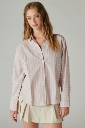 Lucky Brand Multi Stripe Oversized Seamed Women's Shirts Pink Stripes | South Africa-CBQ709285