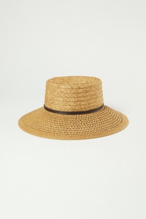 Lucky Brand Open Weave Boater With Leather Tie Women's Hat Brown | South Africa-TWN397801