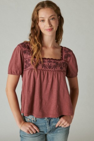 Lucky Brand Overdyed Embroidered Peasant Women's Top Red | South Africa-TJQ387205