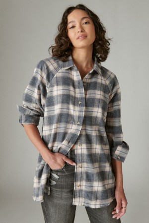 Lucky Brand Oversized Distressed Plaid Flannel Tunic Women's Top Black | South Africa-HDT594381