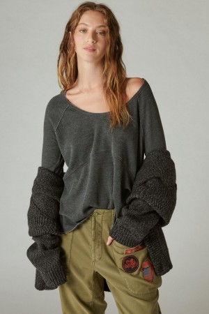 Lucky Brand Oversized V Neck Waffle Thermal Women's Shirts Black | South Africa-QZC836912