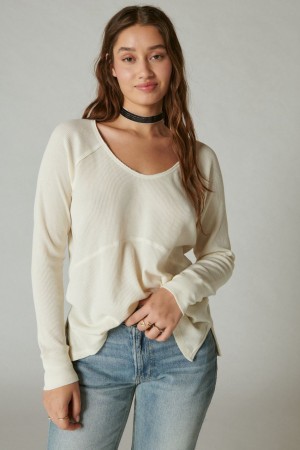 Lucky Brand Oversized V Neck Waffle Thermal Women's Shirts Cream | South Africa-ULR726948