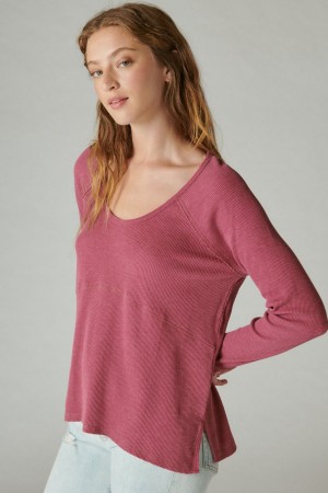 Lucky Brand Oversized V Neck Waffle Thermal Women's Shirts Red | South Africa-BKH947280