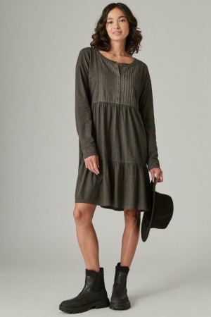 Lucky Brand Pintuck Tiered Knit Henley Women's Dress Dark Grey | South Africa-OER539168