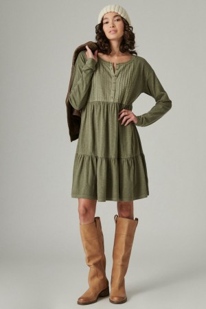 Lucky Brand Pintuck Tiered Knit Henley Women's Dress Olive | South Africa-WYO025714