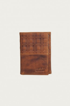 Lucky Brand Plaid Embossed Leather Card Case Men's Wallet Dark Brown | South Africa-VRW198302