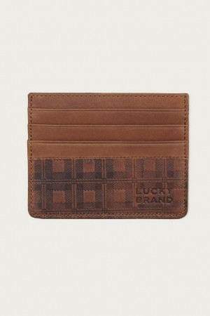 Lucky Brand Plaid Embossed Leather Trifold Men's Wallet Dark Brown | South Africa-XHJ605123